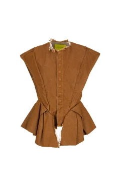 BROWN DENIM STRUCTURE SHOULDER CINCHED TOP