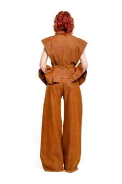 BROWN DENIM STRUCTURE SHOULDER CINCHED TOP