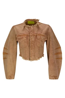 BROWN ROUND SLEEVE CROPPED JACKET
