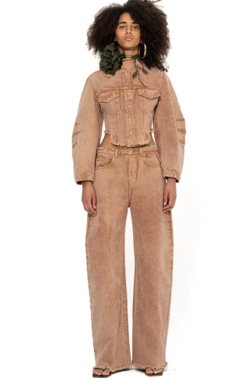 BROWN ROUND SLEEVE CROPPED JACKET