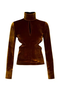 BROWN VELVET OPEN BACK TURTLENECK