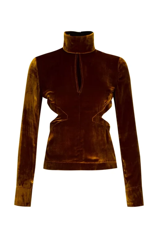 BROWN VELVET OPEN BACK TURTLENECK
