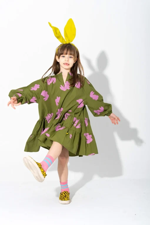 BUNNY PRINT GATHERED DRESS