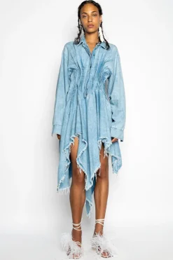 CHAMBRAY PLEATED SHIRT DRESS