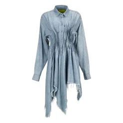 CHAMBRAY PLEATED SHIRT DRESS