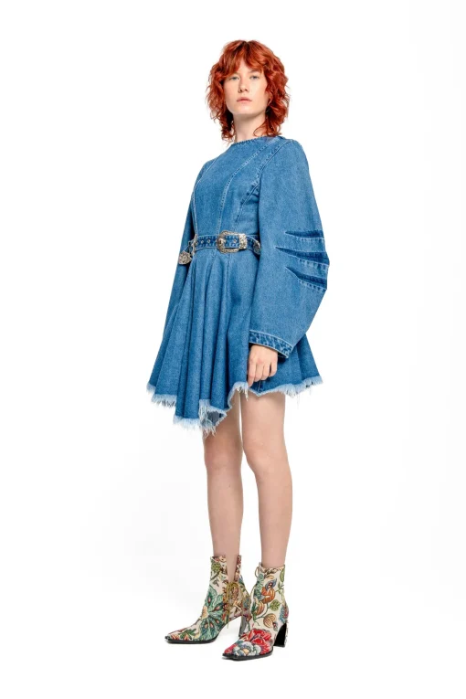 DENIM SHORT DRESS WITH ROUND SLEEVES