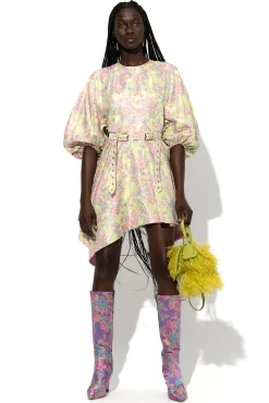 FLOWER BROCADE BALLOON SLEEVE DRESS