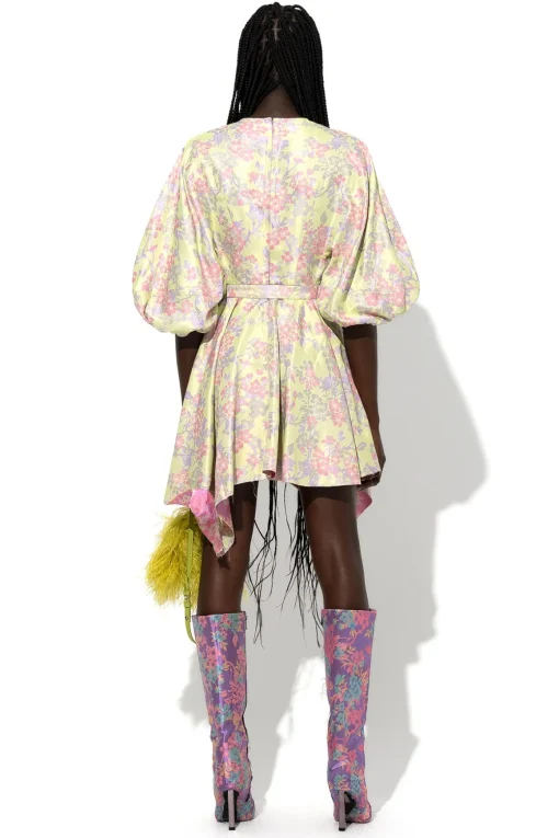 FLOWER BROCADE BALLOON SLEEVE DRESS