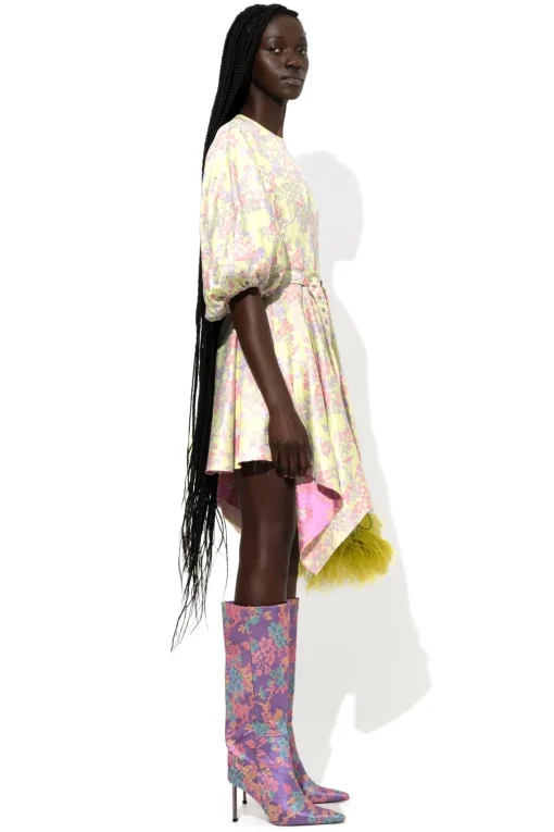 FLOWER BROCADE BALLOON SLEEVE DRESS