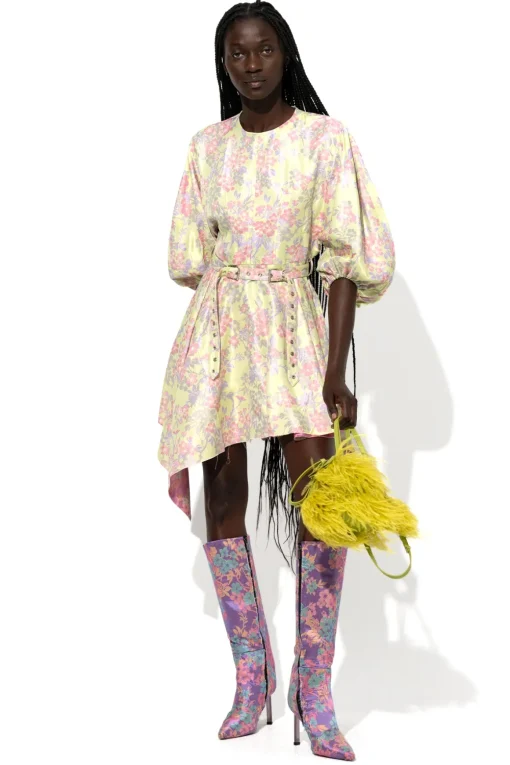FLOWER BROCADE BALLOON SLEEVE DRESS