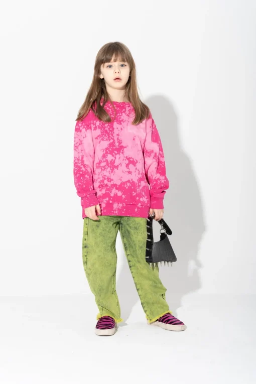 FUSCHIA AND LIGHT PINK SPLATTERED FLEECE CREW NECK