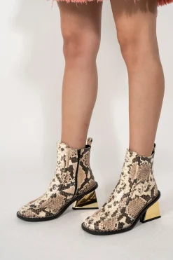 GOLD M'A HEEL SNAKE BOOTS IN BROWN