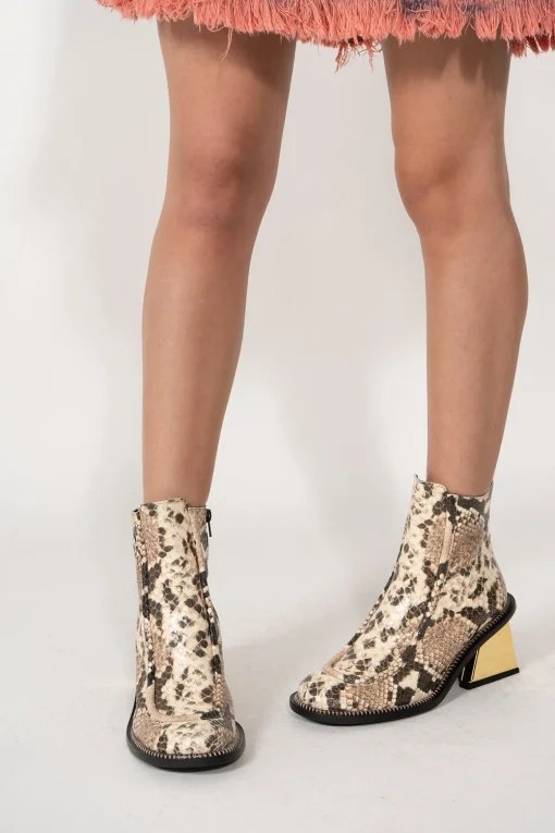 GOLD M'A HEEL SNAKE BOOTS IN BROWN