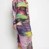 GRAFFITI PRINT LONG GATHERED MESH DRESS