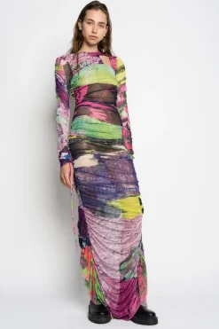 GRAFFITI PRINT LONG GATHERED MESH DRESS