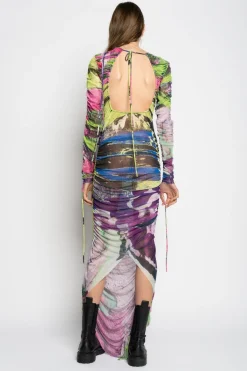 GRAFFITI PRINT LONG GATHERED MESH DRESS