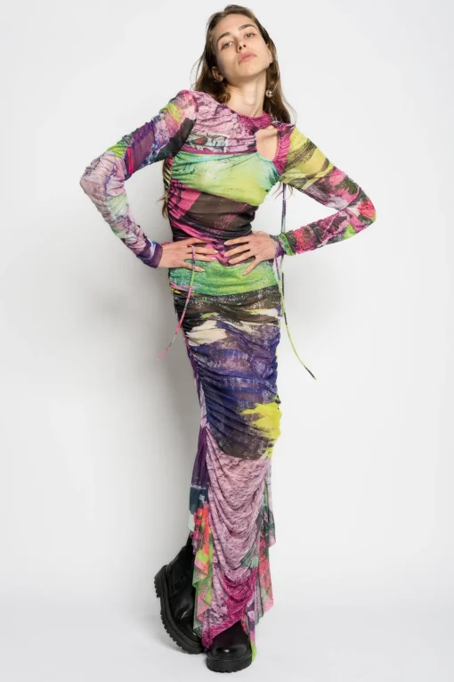 GRAFFITI PRINT LONG GATHERED MESH DRESS