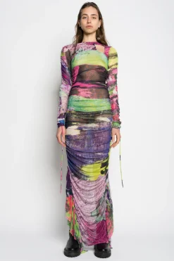 GRAFFITI PRINT LONG GATHERED MESH DRESS