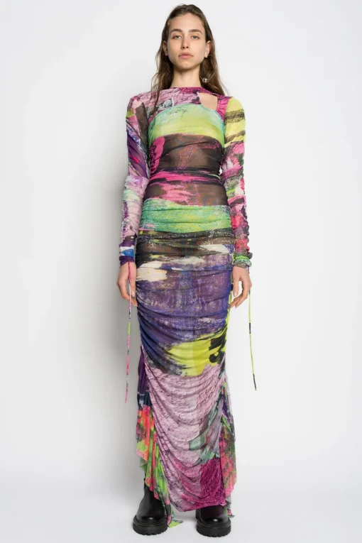 GRAFFITI PRINT LONG GATHERED MESH DRESS