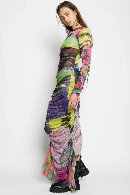 GRAFFITI PRINT LONG GATHERED MESH DRESS