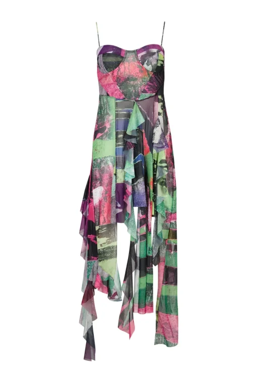 GRAFFITI PRINT MESH CORSET DRESS