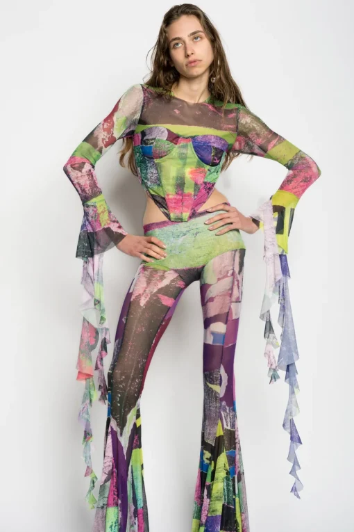 GRAFFITI PRINT MESH CORSET TOP