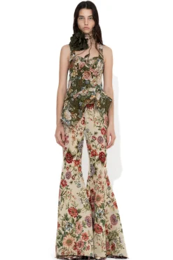 GREEN BROCADE PEPLUM CORSET TOP