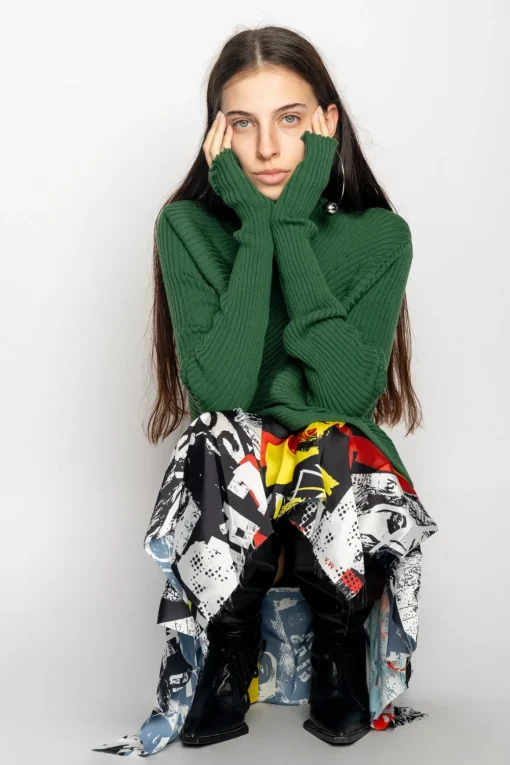 GREEN DRAPED JUMPER IN MERINO KNIT