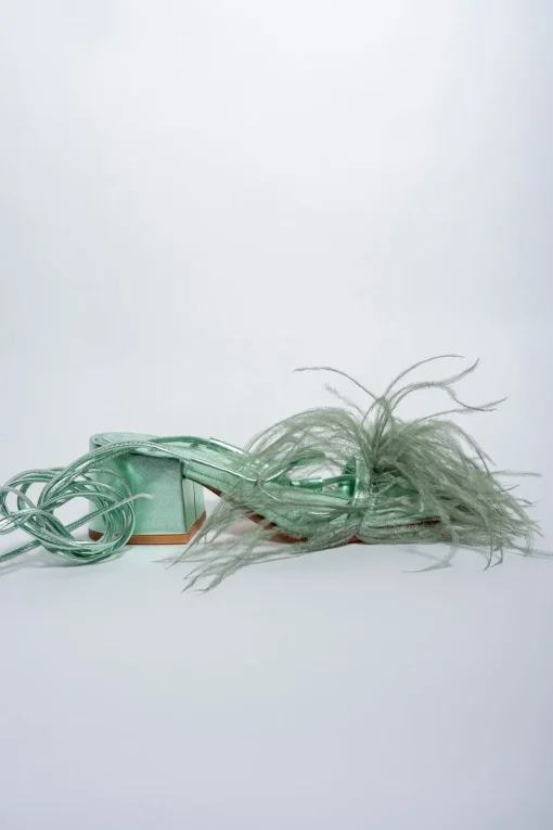 GREEN FEATHER STRAPPY SANDAL