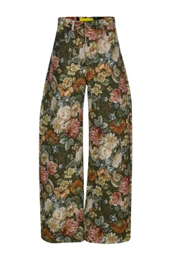 GREEN FLORAL BROCADE BOYFRIEND TROUSERS