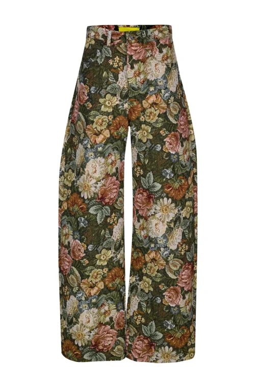 GREEN FLORAL BROCADE BOYFRIEND TROUSERS