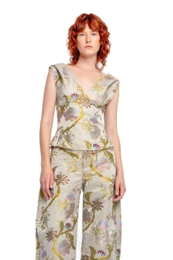 GREY SATIN BROCADE OFF SHOULDER FITTED TOP