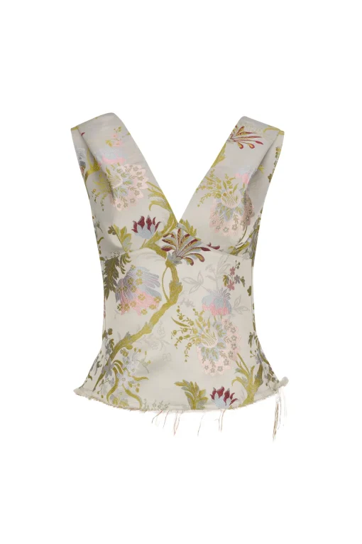 GREY SATIN BROCADE OFF SHOULDER FITTED TOP