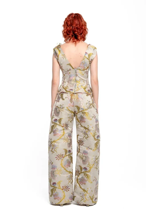 GREY SATIN BROCADE OFF SHOULDER FITTED TOP