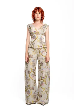 GREY SATIN BROCADE OFF SHOULDER FITTED TOP