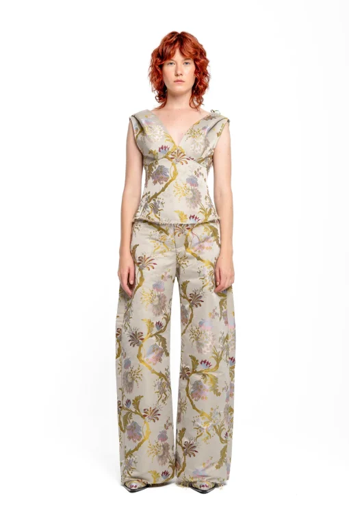 GREY SATIN BROCADE OFF SHOULDER FITTED TOP