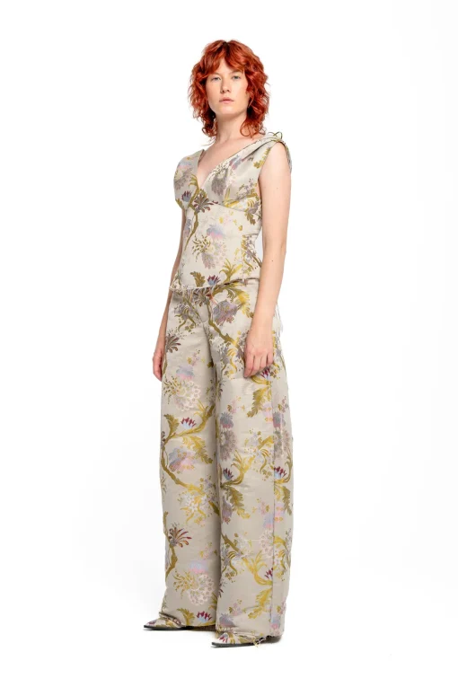 GREY SATIN BROCADE OFF SHOULDER FITTED TOP