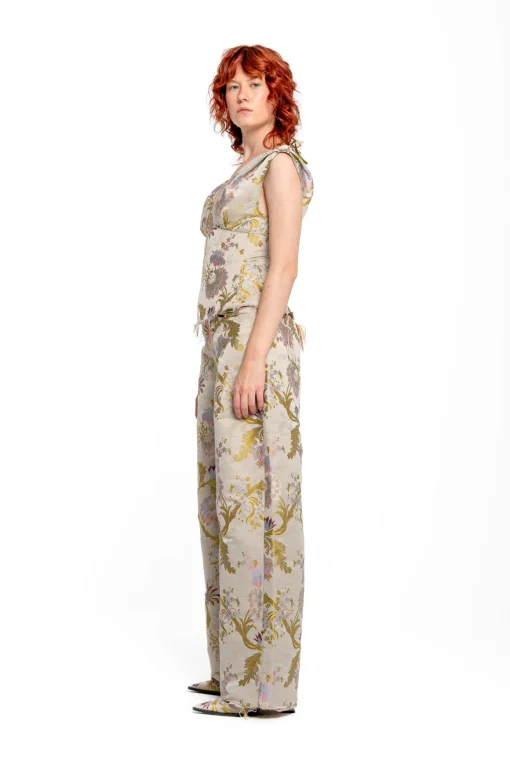 GREY SATIN BROCADE OFF SHOULDER FITTED TOP