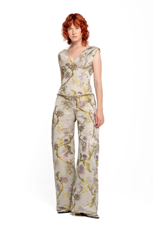 GREY SATIN BROCADE OFF SHOULDER FITTED TOP