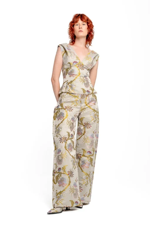 GREY SATIN BROCADE OFF SHOULDER FITTED TOP