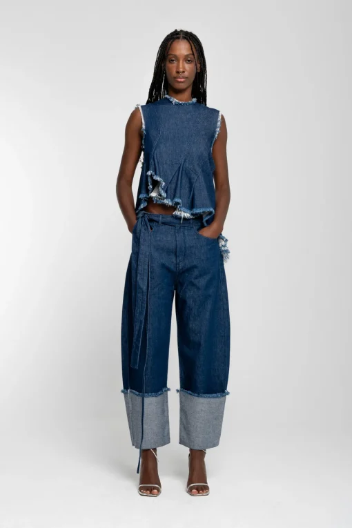 INDIGO ROLL UP TROUSERS WITH BELTS