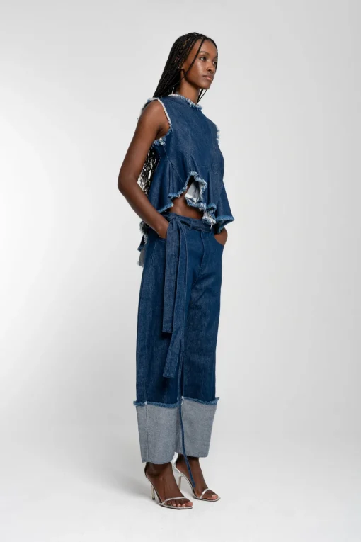 INDIGO ROLL UP TROUSERS WITH BELTS