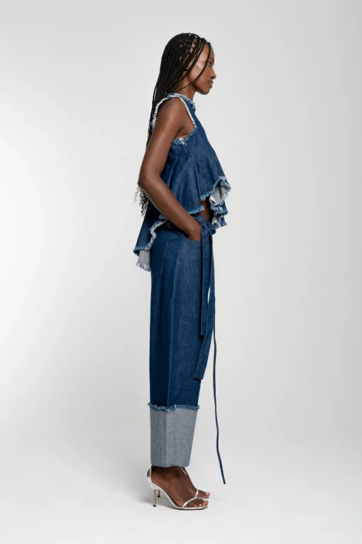INDIGO ROLL UP TROUSERS WITH BELTS