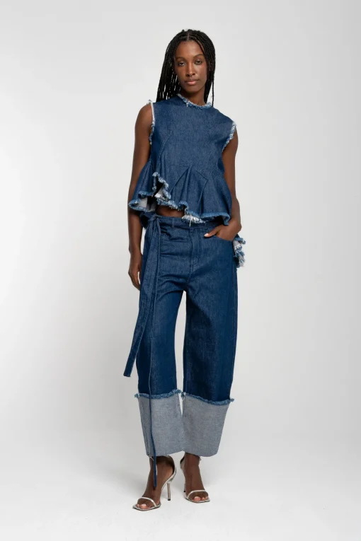 INDIGO ROLL UP TROUSERS WITH BELTS