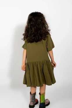 KHAKI GATHERED JERSEY T-SHIRT DRESS