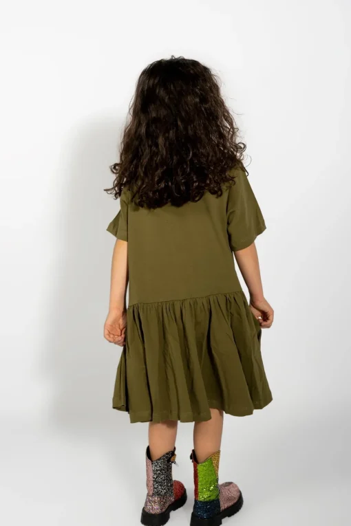 KHAKI GATHERED JERSEY T-SHIRT DRESS
