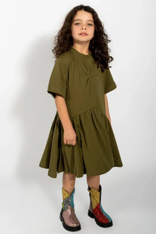 KHAKI GATHERED JERSEY T-SHIRT DRESS