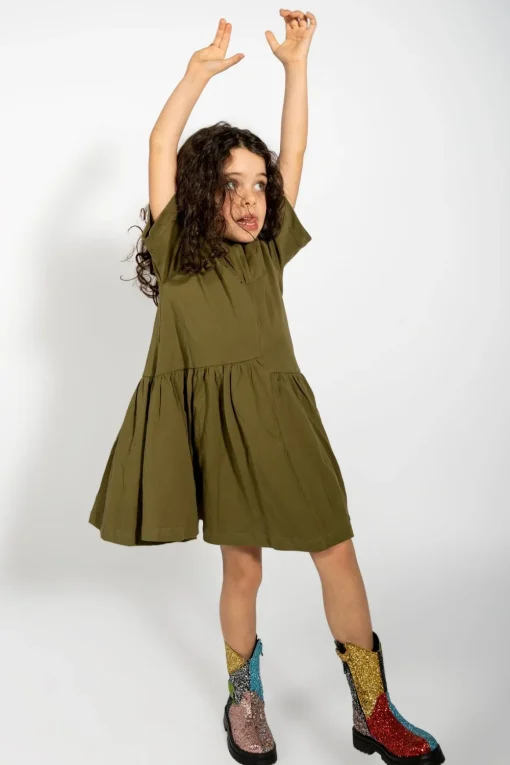 KHAKI GATHERED JERSEY T-SHIRT DRESS