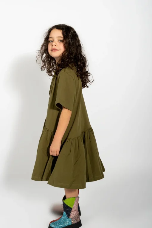 KHAKI GATHERED JERSEY T-SHIRT DRESS