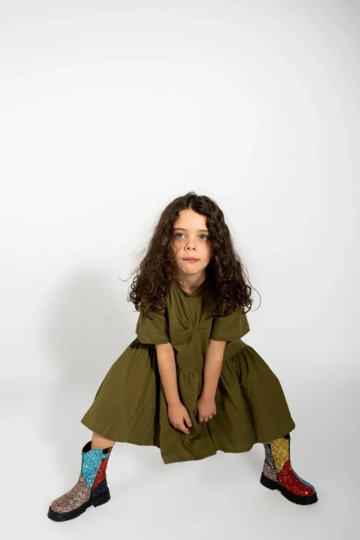 KHAKI GATHERED JERSEY T-SHIRT DRESS